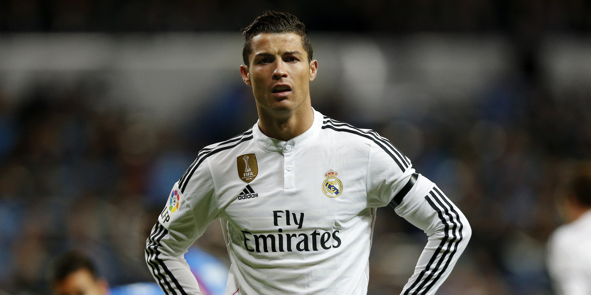 Real Madrid's Cristiano Ronaldo from Portugal reacts during a La Liga soccer match between Real Madrid and Levante at the Santiago Bernabeu stadium in Madrid, Spain, Sunday, March 15, 2015. (AP Photo/Daniel Ochoa de Olza)